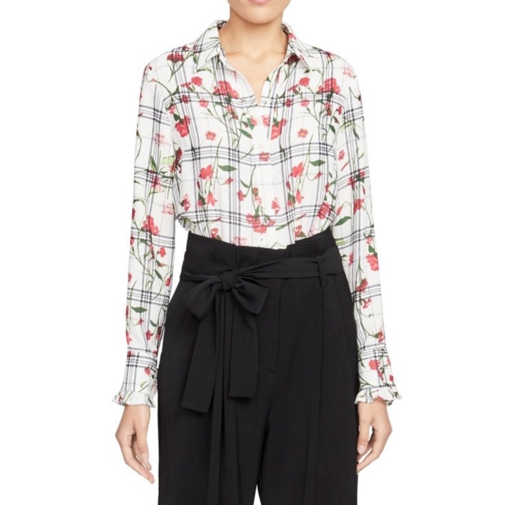 Rachel Roy Collection FLORAL CHECK RUFFLE CUFF BLOUSE
